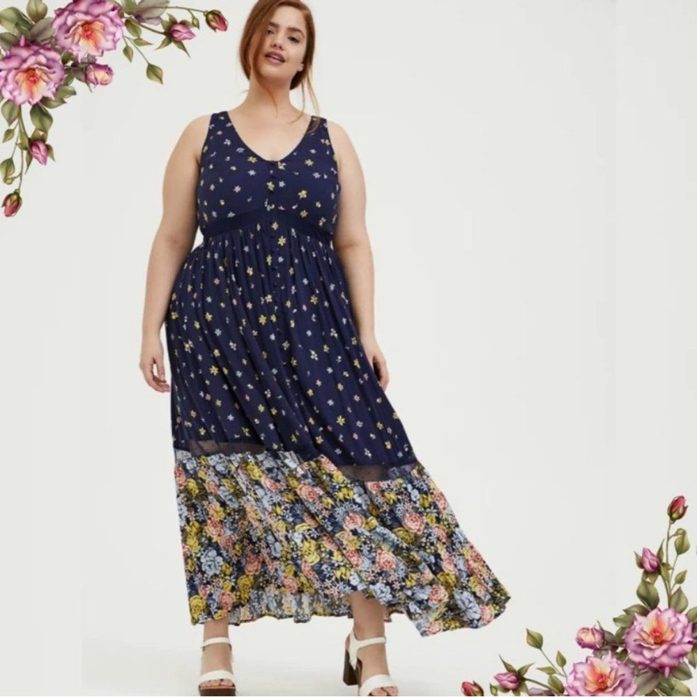 Torrid 3X Maxi Challis Button-Front Dress Navy and Yellow Print Floral Easter